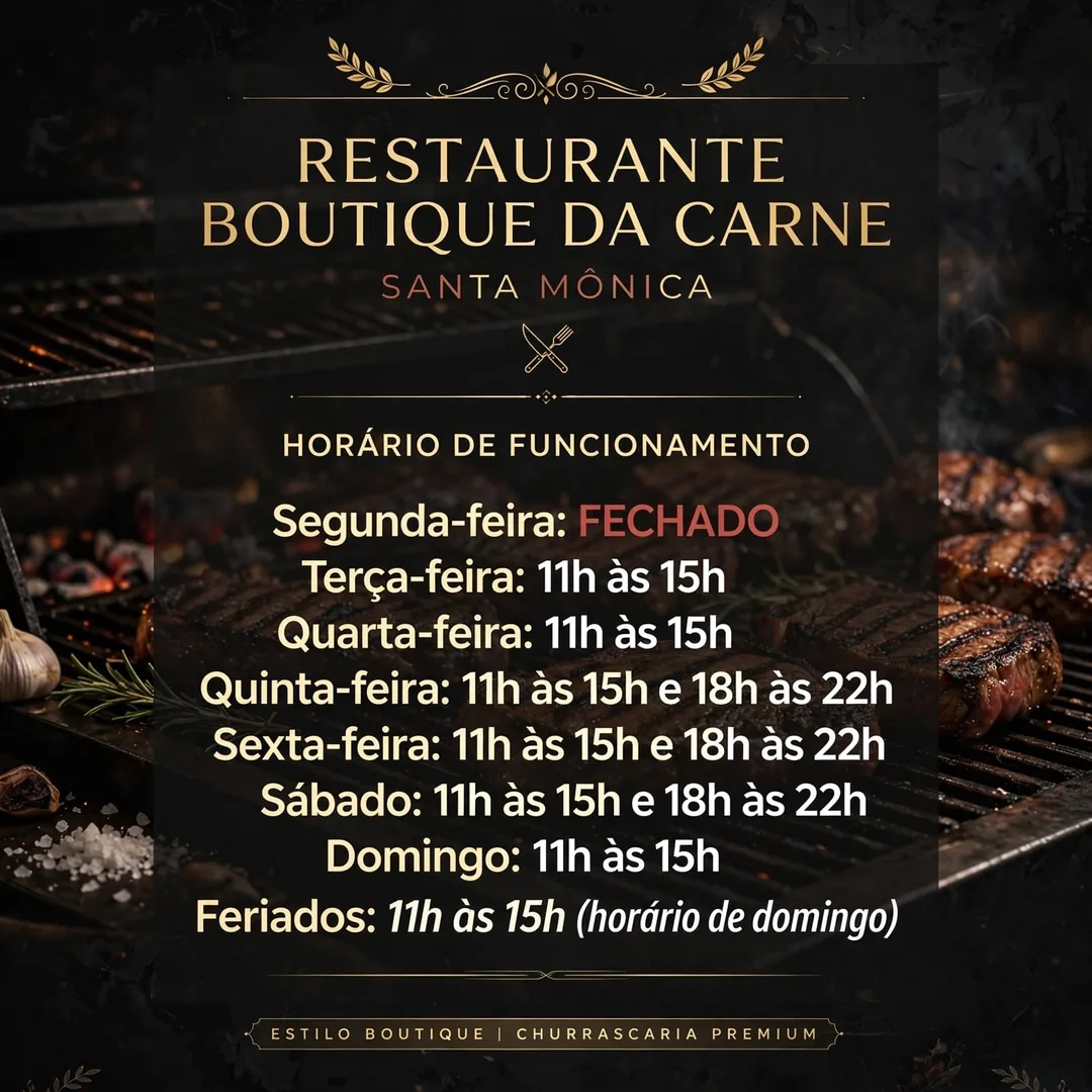 Restaurante Boutique da Carne Santa Mônica. Horário de funcionamento: segunda-feira fechado; terça e quarta das 11h às 15h; quinta, sexta e sábado das 11h às 15h e das 18h às 22h; domingo das 11h às 15h; feriados das 11h às 15h, em horário de domingo.